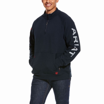 Men's Ariat FR Primo Fleece Logo 1/4 Zip Hoodies Navy | GB0269LDE