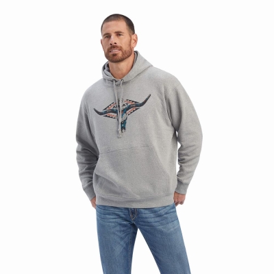 Men's Ariat Horns Southwest Hoodies Grey | GB1843OLZ