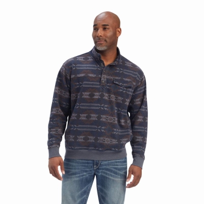 Men's Ariat Printed Overdyed Washed Hoodies Blue | GB7392ZJM