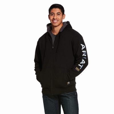 Men's Ariat Rebar All-Weather Full Zip Hoodies Black | GB5291OLM