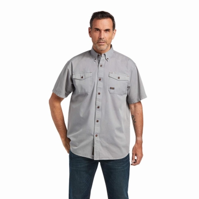 Men's Ariat Rebar Washed Twill Short Sleeve Silver | GB4732VFA