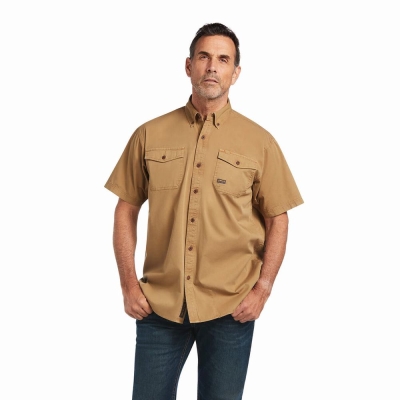 Men's Ariat Rebar Washed Twill Short Sleeve Khaki | GB7568LYR