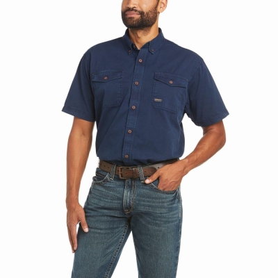 Men's Ariat Rebar Washed Twill Short Sleeve Navy | GB7986UCG