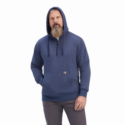 Men's Ariat Rebar Workman 1/4 Zip Hoodies Navy | GB9752GBF