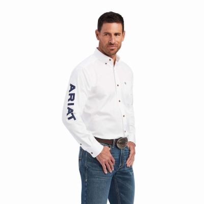 Men's Ariat Team Logo Twill Classic Fit Shirts White Blue | GB6852UME