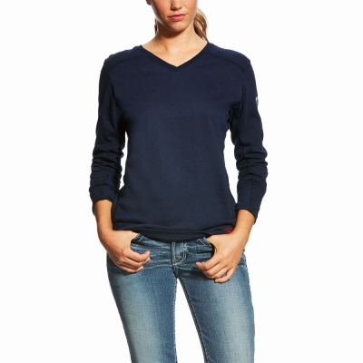 Women's Ariat FR AC Crew Shirts Navy | GB7809CXP