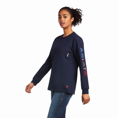 Women's Ariat FR Stretch Logo Shirts Navy | GB9576GHZ