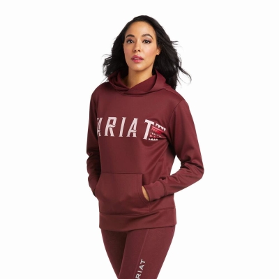 Women's Ariat Logo Tek Hoodies Burgundy | GB8593FYQ