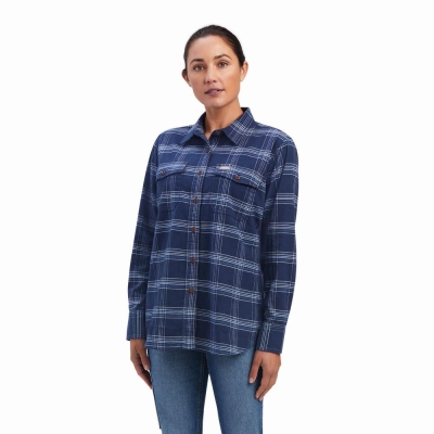 Women's Ariat Rebar Flannel DuraStretch Shirts Navy | GB0913VLO