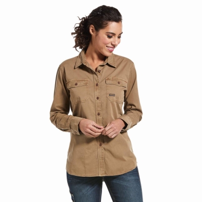 Women's Ariat Rebar Washed Twill Shirts Khaki | GB9173QJS