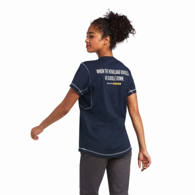 Women's Ariat Rebar Workman Phrase Tops Navy | GB0653QDZ