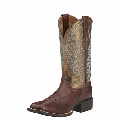 Women's Ariat Round Up Wide Square Toe Western Boots Brown | GB3674FBC