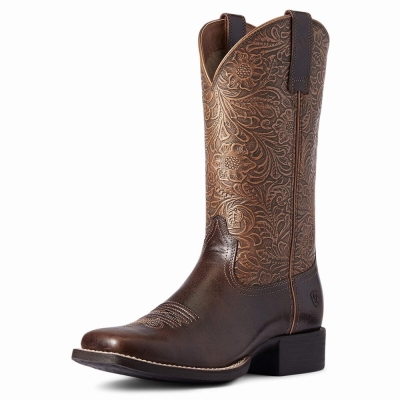 Women's Ariat Round Up Wide Square Toe Western Boots Brown | GB8391OHF