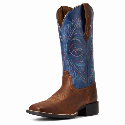 Women's Ariat Round Up Wide Square Toe Western Boots Brown | GB9702HLK