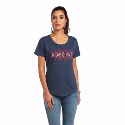 Women's Ariat Sonora Logo Tops Navy | GB5798AID