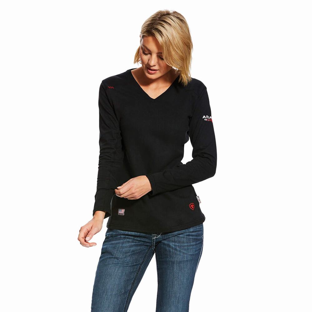 Women\'s Ariat FR AC Crew Shirts Black | GB7690AHC