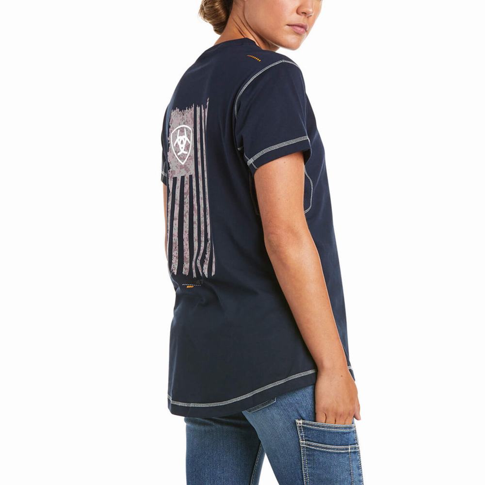 Women's Ariat Rebar Woman Camo Flag Short Sleeve Navy | GB2974JMB